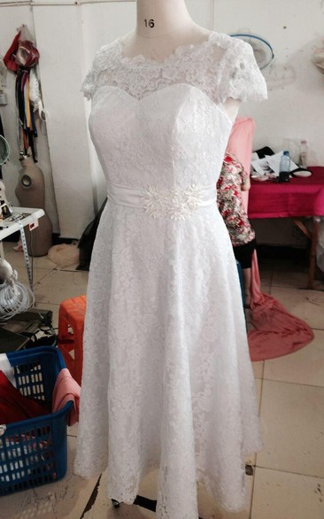 Cap Sleeve Knee Length Lace Dress With Flower Sash