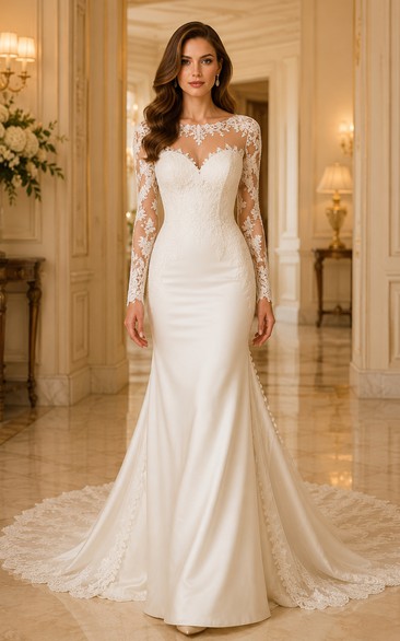 Wedding Mermaid Satin Dress with High Neck Lace Sleeves and Chapel Train