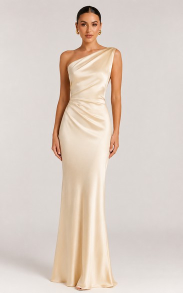 Satin Evening Dress in Ivory, One-Shoulder Sheath Floor-Length Gown with Ruching