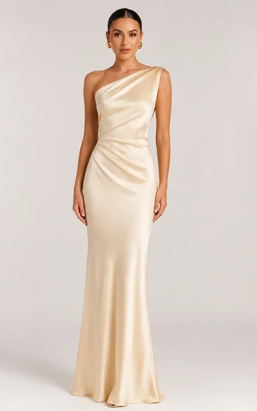 Satin Evening Dress in Ivory, One-Shoulder Sheath Floor-Length Gown with Ruching