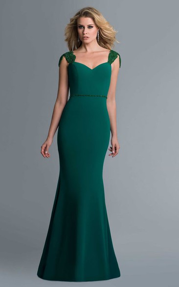 Sheath Floor-Length Cap-Sleeve Jersey Deep-V Back Dress