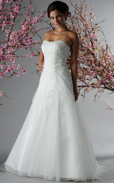 Strapless Crystal Top A-Line Bridal Gown With Tulle Skirt