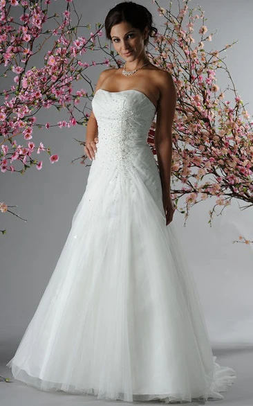 Strapless Crystal Top A-Line Bridal Gown With Tulle Skirt