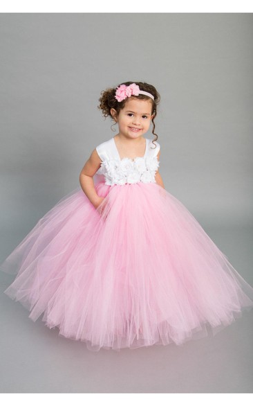 Satin Cap Sleeve Floral Bodice Empire Tulle Ball Gown With Bow Sash