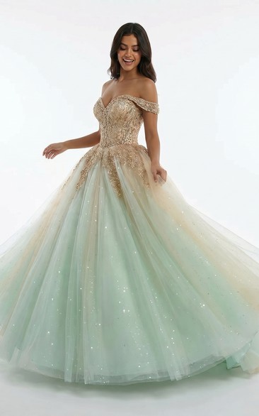 Mint Green and Gold Off Shoulder Glitter Tulle Quinceanera Ball Gown