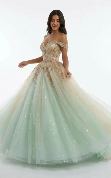 Mint Green and Gold Off Shoulder Glitter Tulle Quinceanera Ball Gown