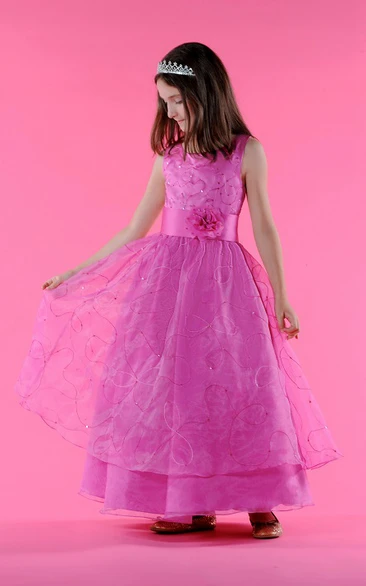 Flower Girl Scoop Neck Organza Ball Gown With Sequined Waist Flower