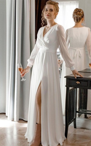 Elegant A Line Chiffon V-neck Wedding Dress with Sash and Split Front