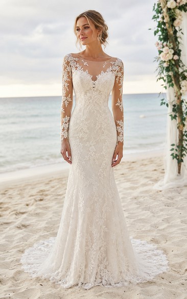 Long Sleeve Lace Mermaid Wedding Dress with Illusion Neckline and Chapel Train