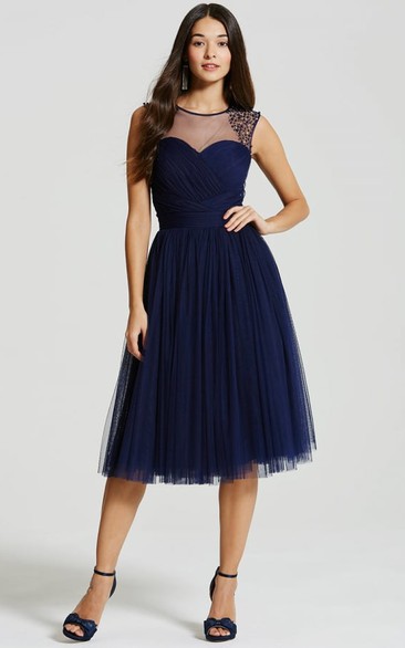 Tea-Length Beaded Scoop Neck Sleeveless Tulle Bridesmaid Dress