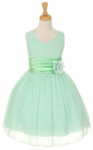 V-Neck Knee-Length Tiered Chiffon&Satin Flower Girl Dress
