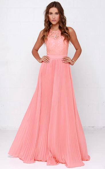 Sleeveless Unique Pleated Gown With Lace Bodice