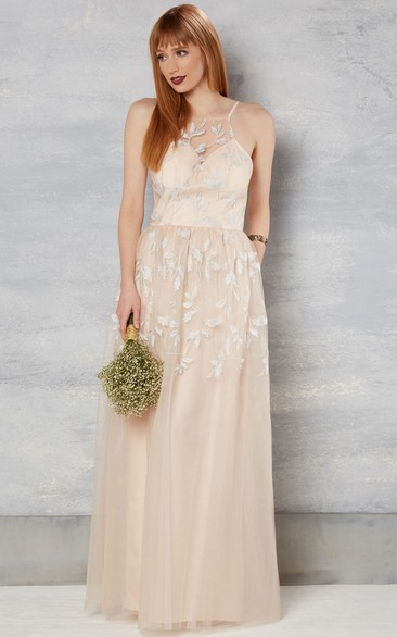 Sheath Spaghetti Tulle Wedding Dress With Deep-V Back