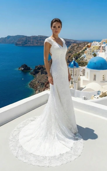 V-Neck Allover Lace Gown with Back Keyhole