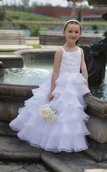 Flower Girl Asymmetric Straps A-line Long Dress With Layered Organza Skirt
