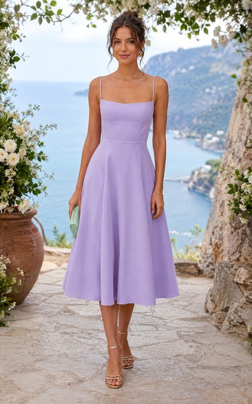 Lavender Spaghetti Strap Satin Tea-Length A-Line Dress