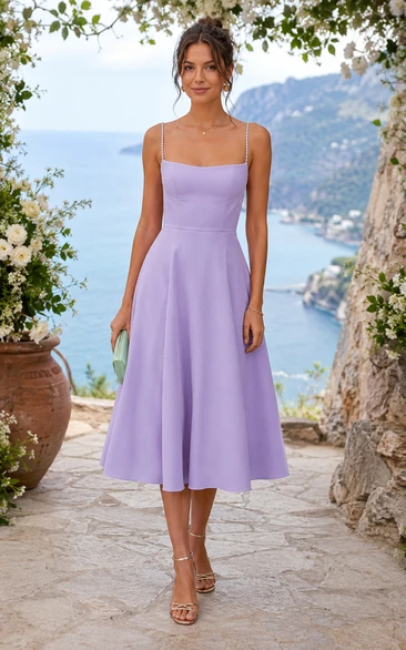 Lavender Spaghetti Strap Satin Tea-Length A-Line Dress