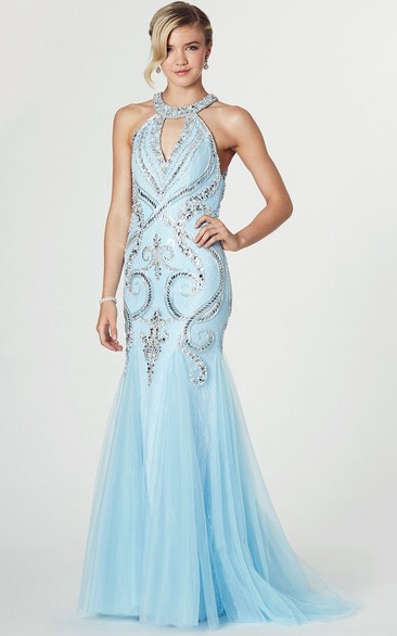 Mermaid Sleeveless High Neck Crystal Tulle Prom Dress With Illusion Back