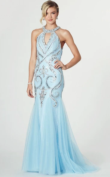 Mermaid Sleeveless High Neck Crystal Tulle Prom Dress With Illusion Back