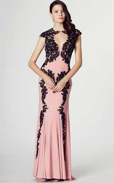 Sheath Appliqued Cap Sleeve High Neck Chiffon Prom Dress