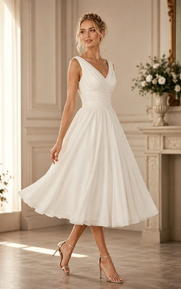 V-Neck Sleeveless Tea-Length Chiffon Short Wedding Dress With Ruching And Low-V Back