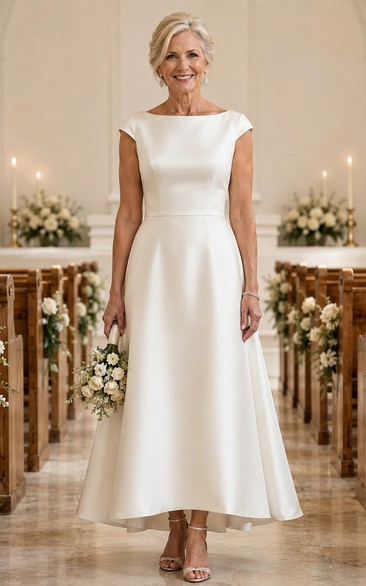 Bateau Satin High Low Older Brides Wedding Dress with Button Back