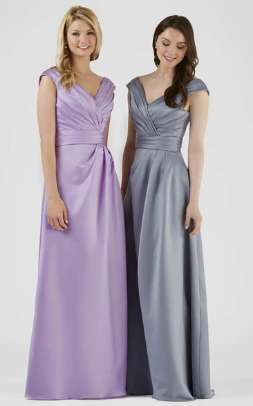 Floor-Length V-Neck Ruched Satin Bridesmaid Dress With V Back