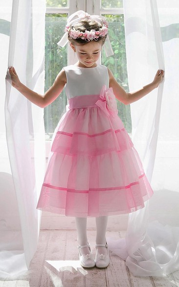 Tea-Length Floral Tiered Beaded Sequins&Organza Flower Girl Dress With Split Front