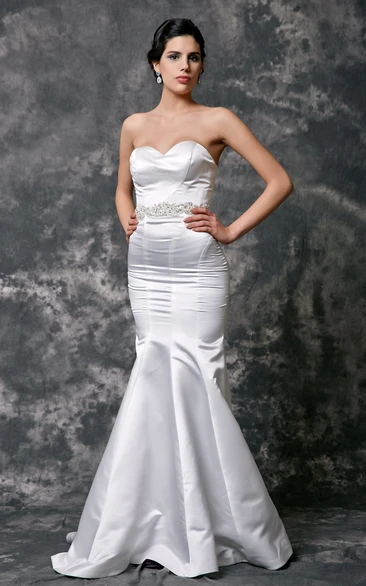 Sweetheart Mermaid Satin Wedding Gown With Beaded Waist