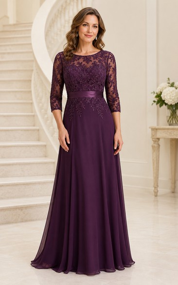 Plum Lace Bodice Chiffon A-Line Mother of the Bride Dress with Three-Quarter Sleeves
