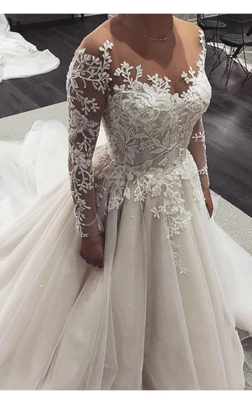 Elegant Long Sleeve Floor-Length Lace-up Long Sleeve A Line Wedding Dress With Beading