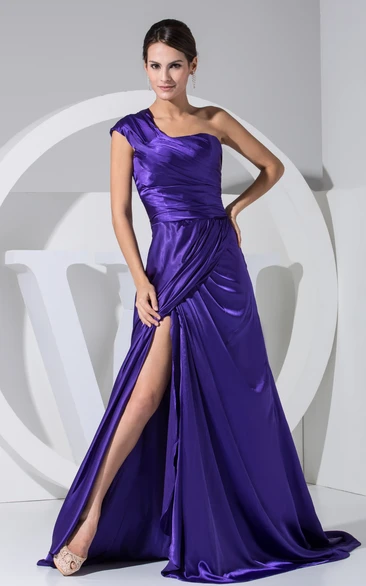 Fabulous Front-Split Ruched Floor-Length Dress With Single Strap