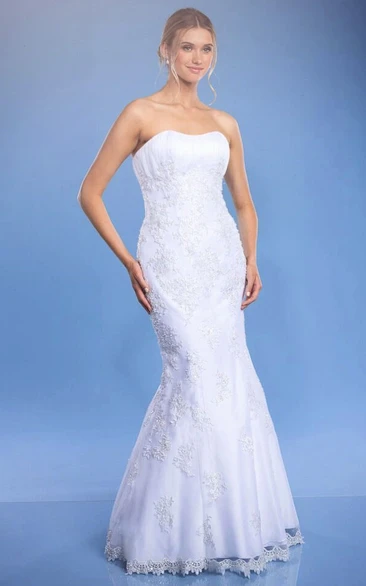 Mermaid Appliqued Floor-Length Strapless Sleeveless Lace&Satin Wedding Dress