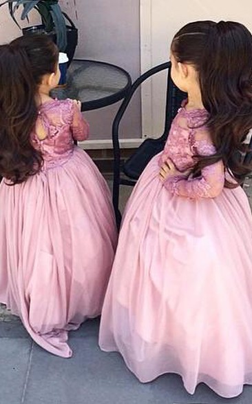 Modern Long Sleeve Appliques Pink Flower Girl Dress Floor-length