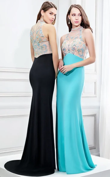 Sleeveless High Neck Beaded Jersey Prom Dress With Brush Train