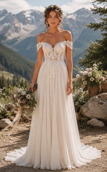 Boho Country A-Line Wedding Dress Off Shoulder Sweetheart Tulle Lace Chiffon Applique Floor Length Chapel Train Ivory