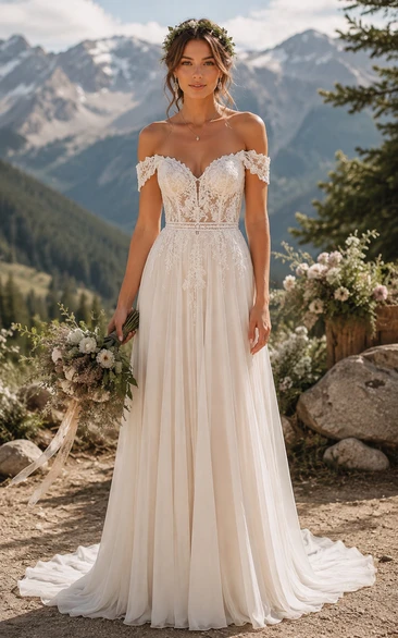 Boho Country A-Line Wedding Dress Off Shoulder Sweetheart Tulle Lace Chiffon Applique Floor Length Chapel Train Ivory