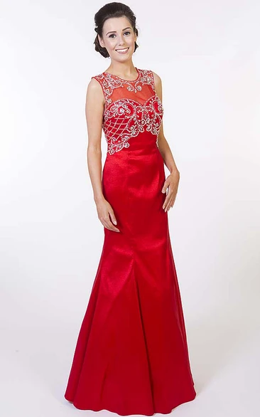 Trumpet Sleeveless Long Beaded Scoop Satin Prom Dress With Keyhole Back