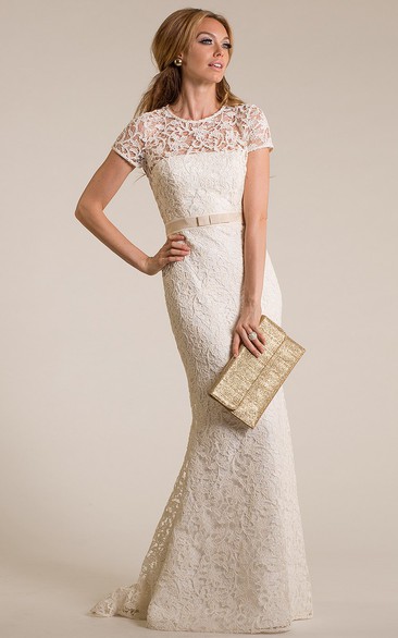 Sheath High Neck Cap-Sleeve Lace Vintage Wedding Dress With Illusion