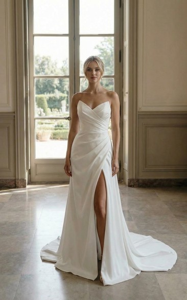 Strapless Satin Sheath Wedding Dress with Sweetheart Neckline and Split