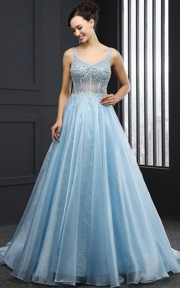 A-Line V-Neck Beading Sequins Sweep Train Prom Dress
