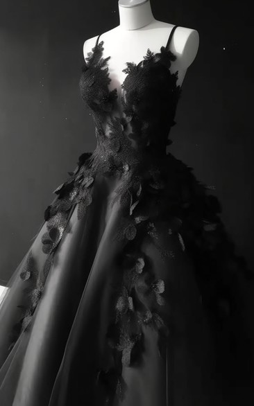 Black Spaghetti Applique Gothic A-line Ball Gown Dress