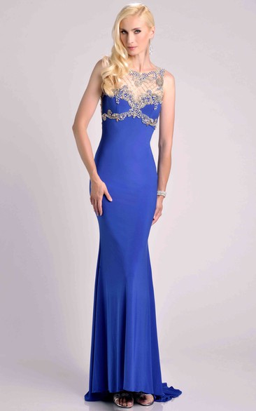 Sheath Sleeveless Jersey Prom Dress With Beaded Top And Bateau Neck