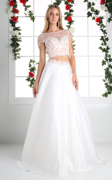 A-Line Scoop-Neck Short Sleeve Satin Illusion Dress With Beading