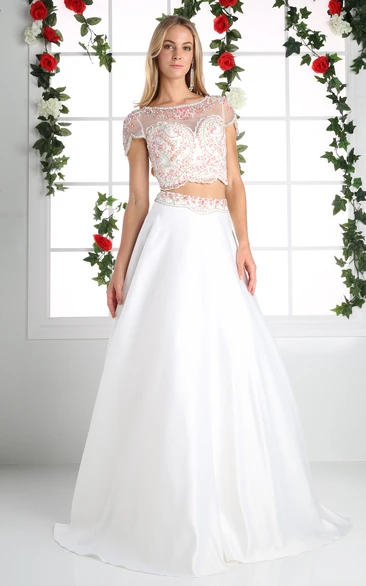 A-Line Scoop-Neck Short Sleeve Satin Illusion Dress With Beading