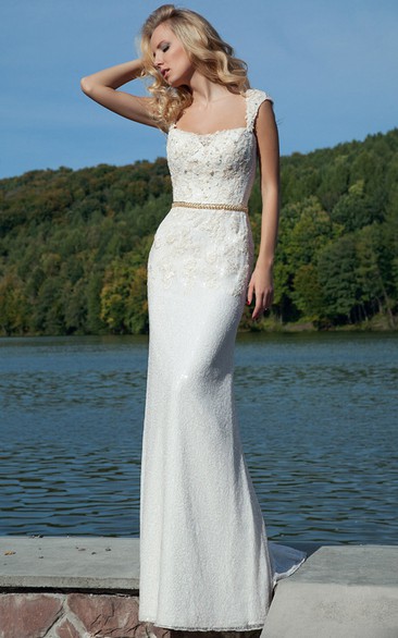 Pencil Appliqued Sleeveless Long Queen-Anne Lace Prom Dress With Illusion Back