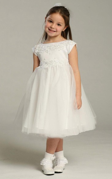 Tea-Length Appliqued Cap-Sleeve Tulle&Lace Flower Girl Dress