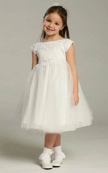 Tea-Length Appliqued Cap-Sleeve Tulle&Lace Flower Girl Dress