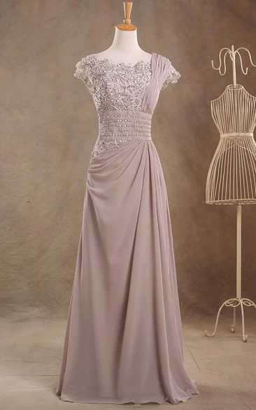 Jewel Cap Sleeve Empire Single Strap A-line Chiffon Long Dress With Beaded Top