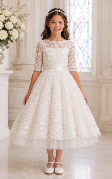 Tea-length Half Sleeve Lace White First Communion Dress